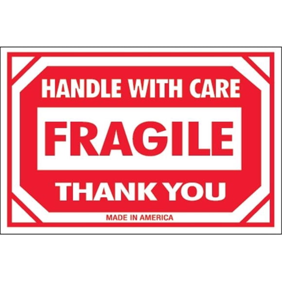 Tape Logic DL1053 2 x 3 in. - Fragile - Handle with Care Labels, Red & White - Roll of 500