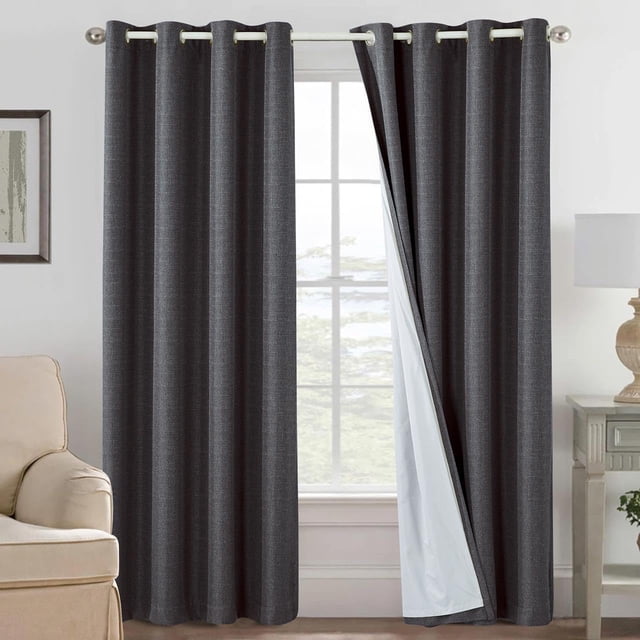 Cortinas Blackout Premium de Poliéster y Acabado Frontal Lino con Aislamiento Térmico y Acústico, 100% Blackout, Ojal Superior y Capa Trasera con Revestimiento, 2 Paneles 132x213cm c/u (8008)
