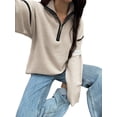 thumbnail image 3 of Womens Quarter Zip Pullover Sweaters Casual Collared V Neck Color Block Long Sleeve Loose Knit Fall Sweater White XL, 3 of 8