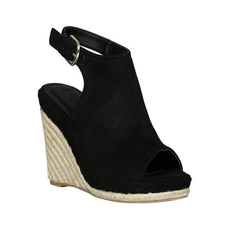 Black Suede Peep Toe - Women Faux Suede Peep Toe Slingback Espadrille Platform Wedge 18433