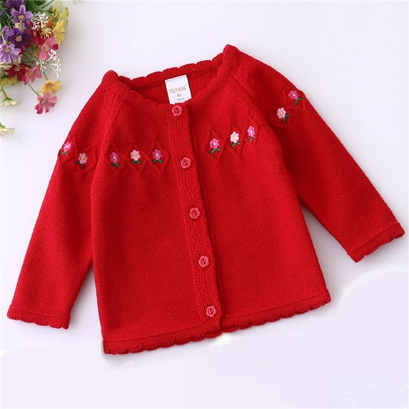 Baby Toddler Girls Sweaters Cardigans Button Closure Jacket - Cotton Cable Knit Cardigan for Spring Fall,Red,9-12 Months