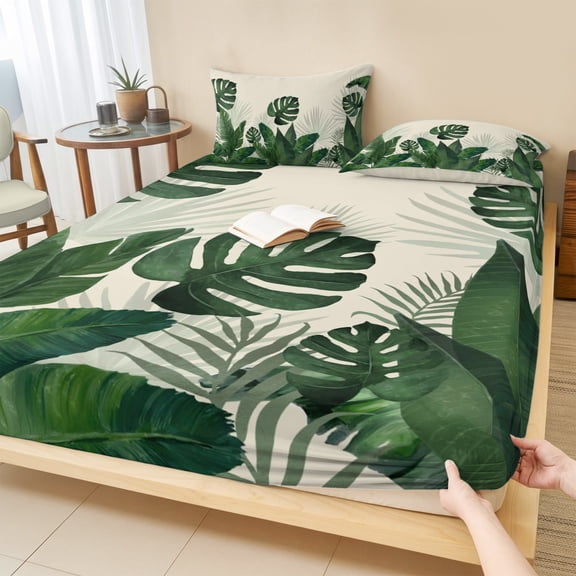King Size Fitted Sheet Set - Monstera Leaves 3 Piece Bedding Sets 16" Deep Pocket Fitted Sheet with 2 Pillowcases, Summer Green Tropical Plants Leaf Beige Brushed Microfiber Hotel Luxury Bed Sheets