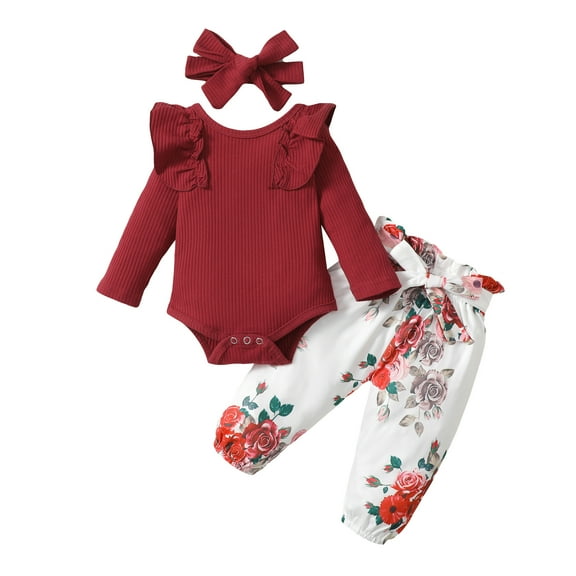 3 Months Baby Girls Clothes 6 Months Girls 3PCS Fall Winter Outfits Set Sunflower Print Newborn Girls Long Sleeve Top Pants Set with Headband Red