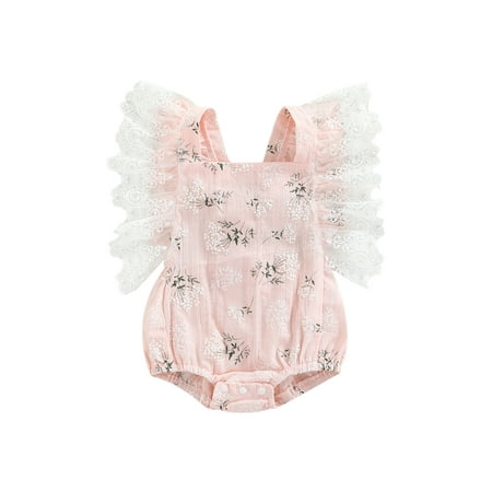 

Calsunbaby Infant Baby Girls Summer Casual Romper Toddler Lace Flying Sleeve One-piece Floral Playsuit