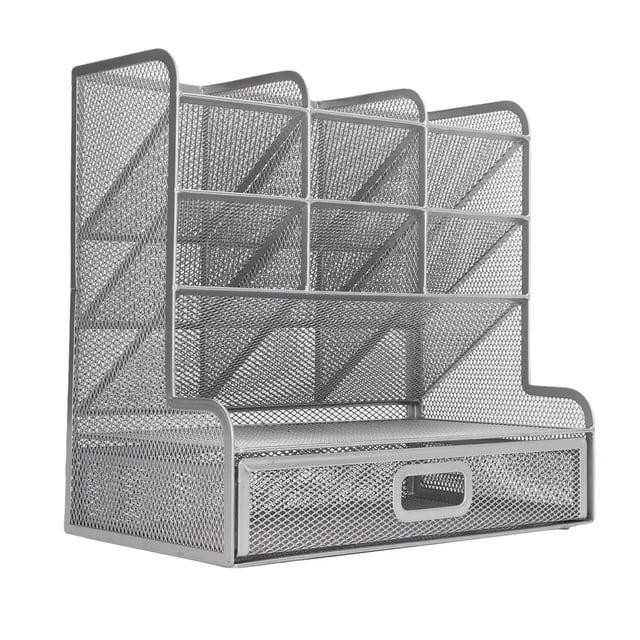 Organizador de malla para bolígrafos, 9 compartimentos con 1 cajón extraíble, soporte vertical para bolígrafos, multifuncional, para reglas, color plateado