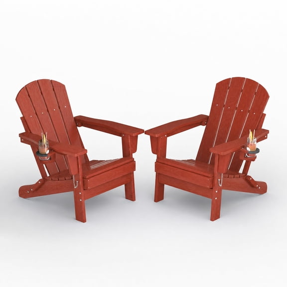 Set of 2 Folding HDPE Adirondack Chairs with Cup Holder, 380 LBS All Weather Wood Textured Outdoor Patio Lounge Chairs for Deck Fire Pit Garden