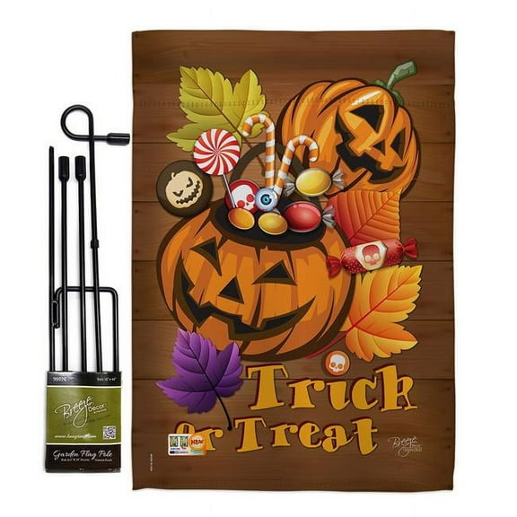 Breeze Decor BD-HO-GS-112003-IP-BO-D-US15-BD 13 x 18.5 in. Candy Pumpkin Fall Halloween Vertical Double Sided Mini Garden Flag Set with Banner Pole