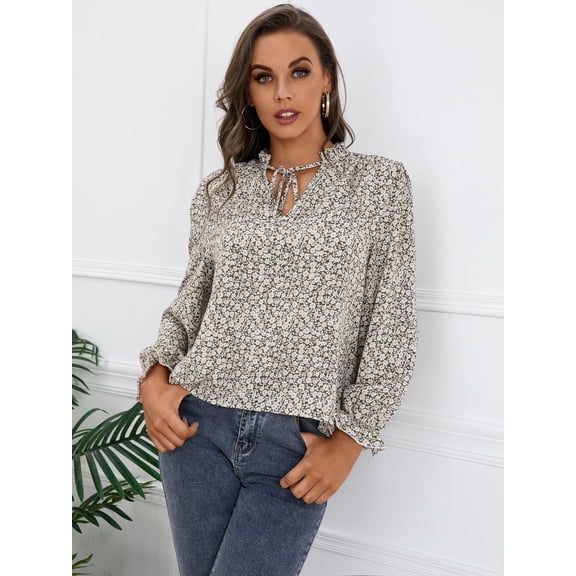 Ruffle Detail Tie Neck Vintage Floral Print Long Sleeve Blouse