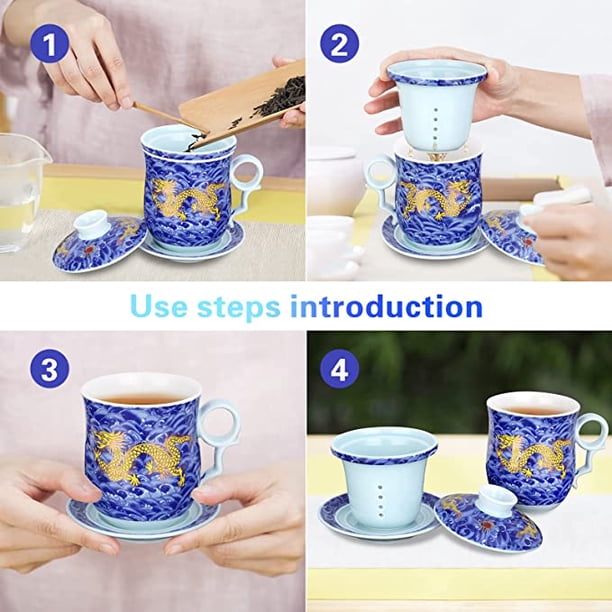 4pcs Set of Chinese Dragon Pattern Tea-Mug with Strainer Infuser