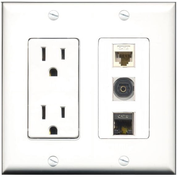 RiteAV - 15 Amp Power Outlet 1 Port Shielded Cat6 Ethernet Ethernet 1 Port Toslink 1 Port Cat6 Ethernet Ethernet White Decorative Wall Plate