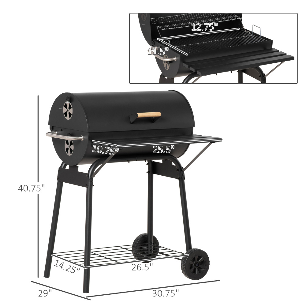 Tcbosik Barrel Charcoal Grill with Side Shelf, Barbecue Smoker Grill Combo with Storage Rack and Wheels, BBQ Grill for Outdoor, Camping, Picnic, Party, Black