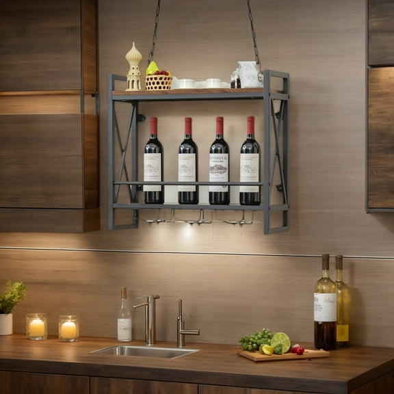 GVN Wine Storage Shelf, Wine Rack,Industrial Wall Mounted Wine Rack with 3 Stem Glass Holders