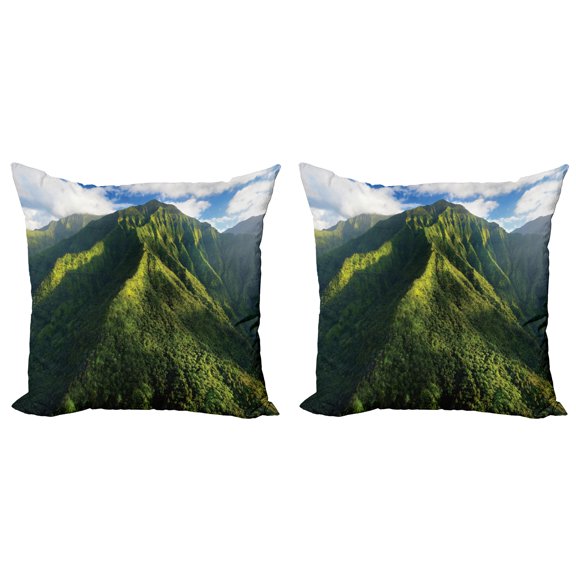 Ambesonne Mountain Throw Pillow Cover 2 Pack, Exotic Hawaii Nature, 24", Green Blue White
