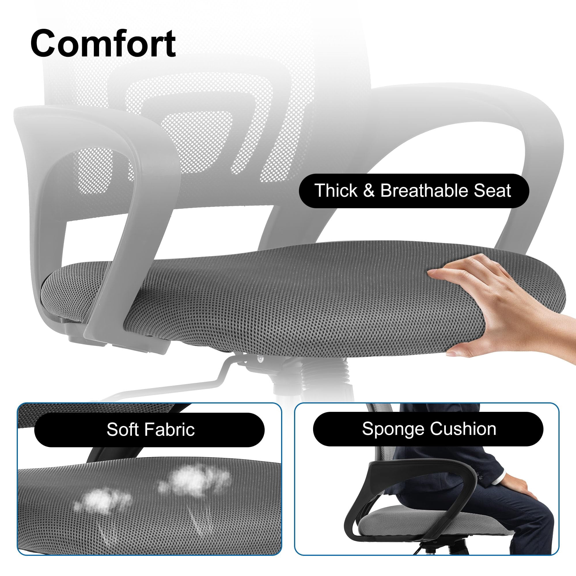 CL.HPAHKL Ergonomic Desk Chair, Mid-Back Mesh Office Chair with Wheels, Rolling Swivel Computer Task Chair for Home Office, Fixed Armrests, Tilt & Height Adjustable, Gray
