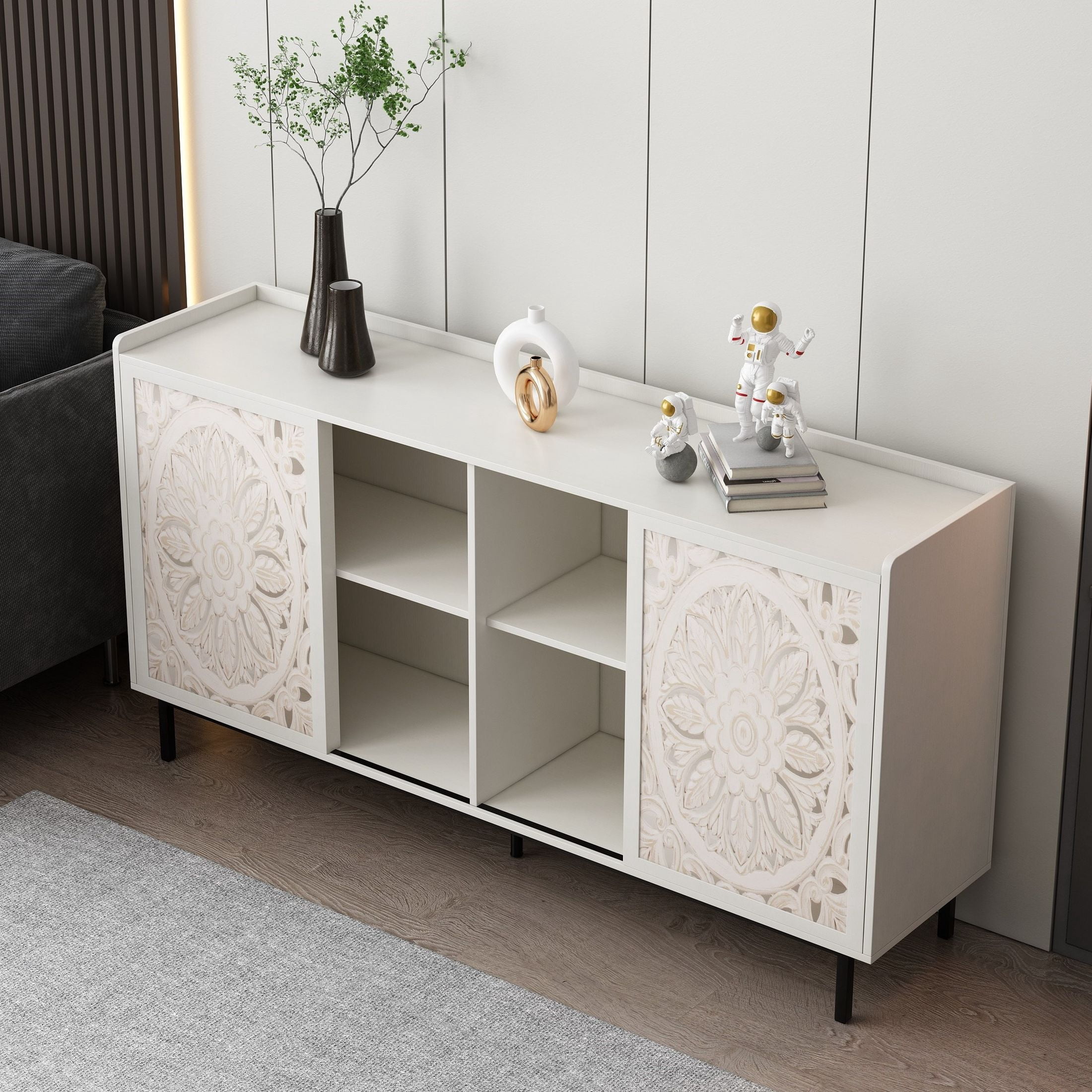 Noble House Udolf 58.6" Hollow-Carved Accent Storage Buffet Cabinet, Handcrafted Wooden Sideboard, Distressed White