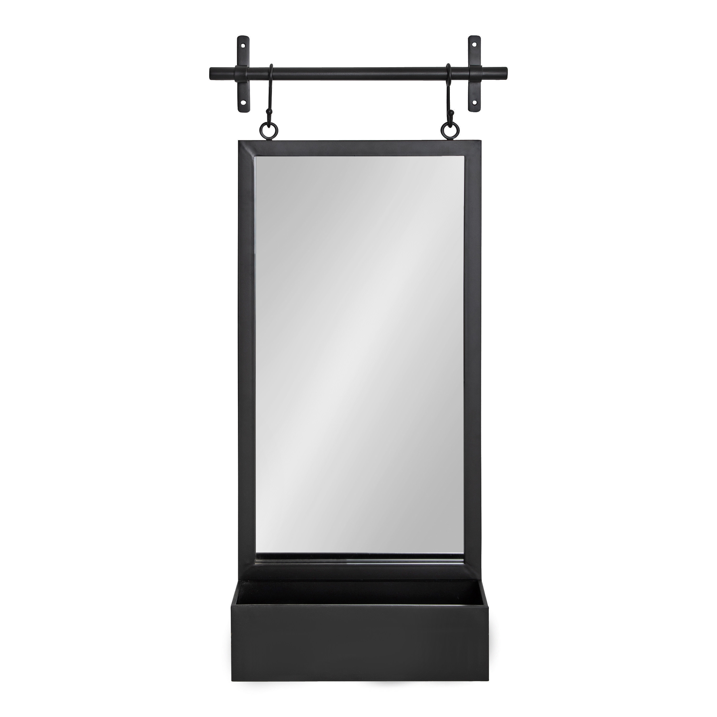 Kate and Laurel Gammons Metal Framed Wall Mirror With Storage Shelf, 18" x 39", Black, Hanging Barn Door-Inspired Accent Mirror