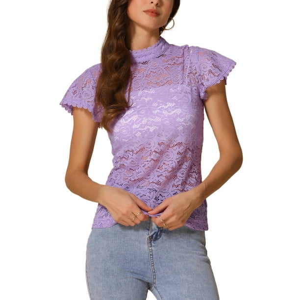 INSPIRAR CHIC Blusa de manga corta con cuello alto y abertura en la espalda para mujeres en el Día de San Valentín XL Lila Claro
