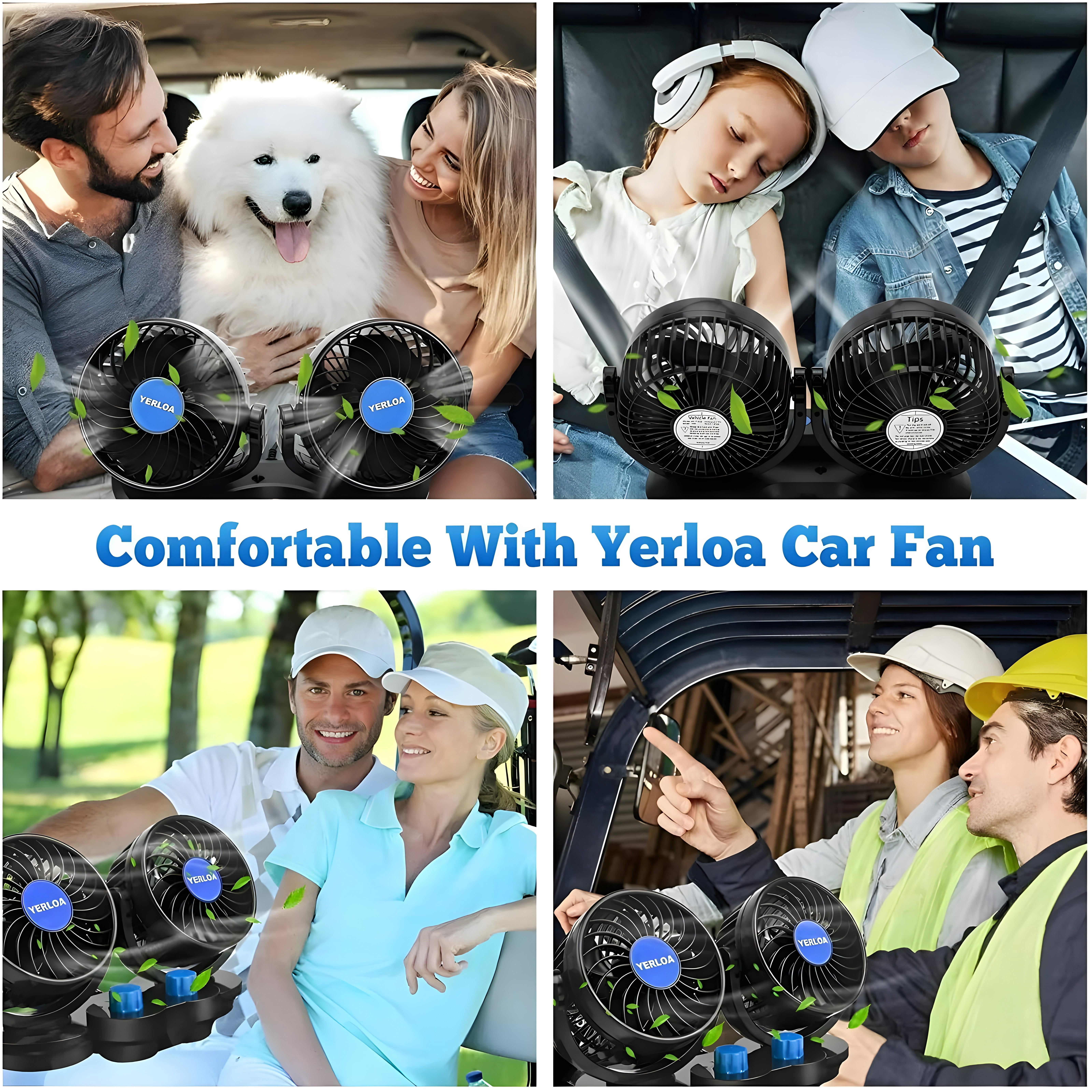 Yerloa Car Fan, 12 Volt Fans for Vehicles, 360 Degree Rotatable Car Fan Cooling Air Fan, Quiet Strong Dashboard Car Fans for Cooling Inside Car, Electric 2 Speed Dual Head Fan for SUV, RV, Vehicles