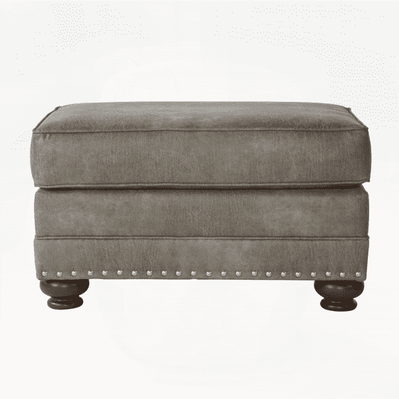 Leinster Faux Leather Upholstered Nailhead Living Room Ottoman | Gray | Hand-Tailored with Quality | Wood Bun Feet