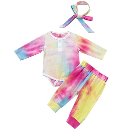 

Toddler Kids Baby Boys and Girls Long Fiy Sleeved Romper Sleepwear Outfits with Hairband Spring and Autumn Fashion Tie-dye Printing Round Neck Pajamas Children s Comfortable Loose Home Clothes