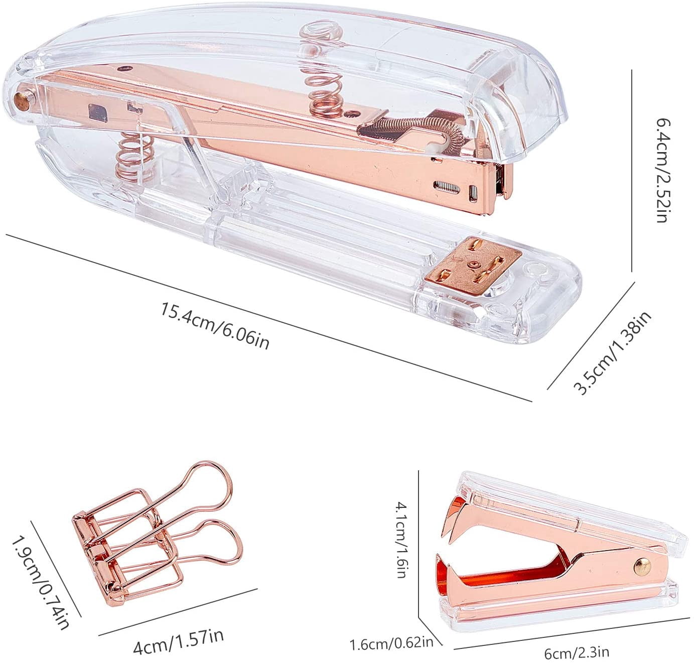 1Set Office Appliance with 24/6 Standard Staple Iron Wire Hollow Tape Cutters Holder & Claw Staple Remover Spring Powered Desktop Stapler Metal Binder Clips Rose Gold