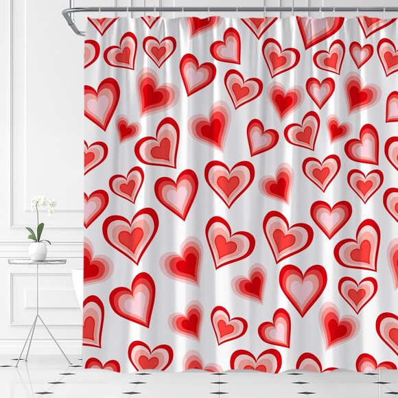 Valentine''s Day Shower Curtain Red Hearts Beautiful Cute Girl Romantic Love Sweet Simple Fabric Bathroom Decor Set with Hooks(70" Wx70 H)