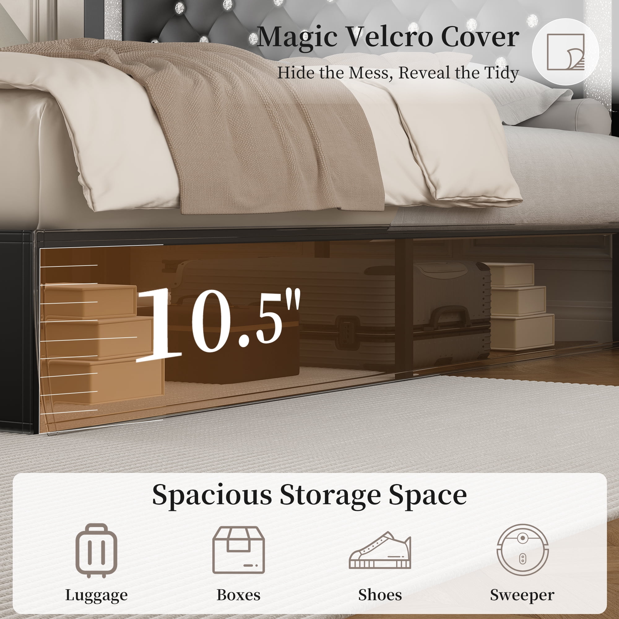 SIBEDS Queen Upholstered Bed Frame with Adjustable Headboard and LED Lights, Black PU Tufted Diamond Button, No Box Spring Needed, Noise Free