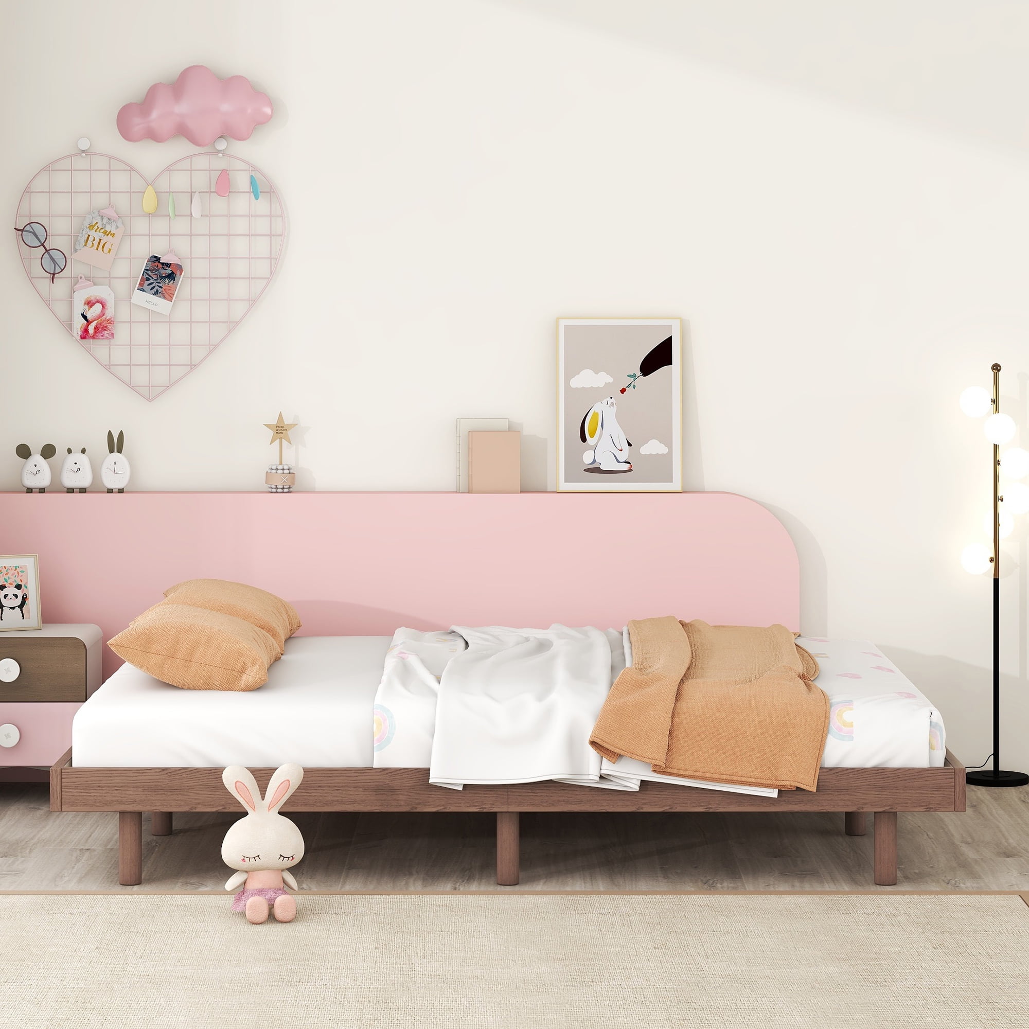 Miniyam Full Platform Bed , Low Profile Wooden Bed with Slats, No Box Spring Needed, Modern Design for Teen, Walnut