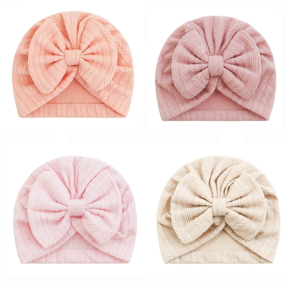 TELOLY 4 Pcs Newborn Baby Girl Hats with Bow Infant Beanies Head Cap New Born Hospital Bows Hat Beanie for Baby Girls Toddler Kids Soft Baby Hats 0-6 Months