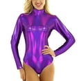 thumbnail image 2 of FEIFLY Women Yoga O-Neck Jumpsuits Shiny Metallic Leather Neck Long Sleeve Leotard Bodysuit Solid Color Stylish Female Onesie, 2 of 7