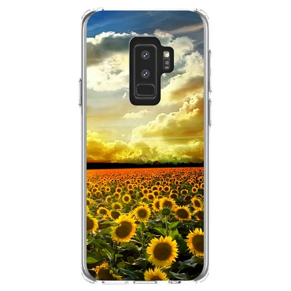 DistinctInk Clear Shockproof Hybrid Case for Samsung Galaxy S9  PLUS (6.2" Screen) - TPU Bumper, Acrylic Back, Tempered Glass Screen Protector - Green Blue Yellow Sunflowers