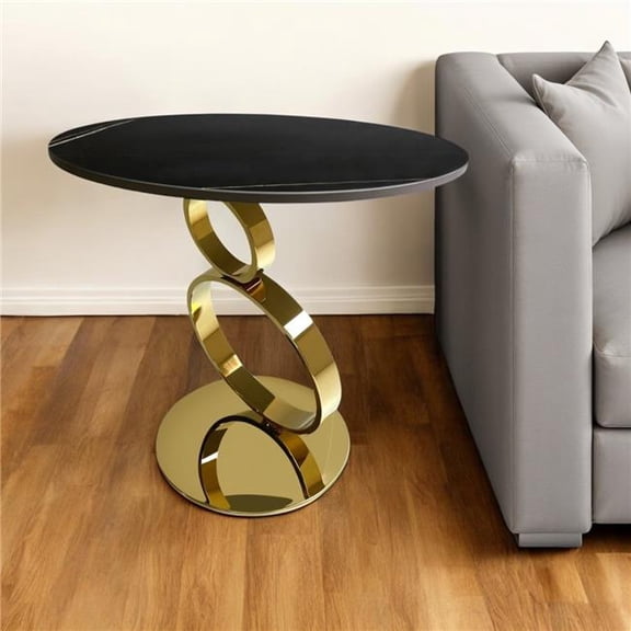 HomeRoots 554649 21 in. Black & Gold Stone & Stainless Steel Round Pedestal End Table