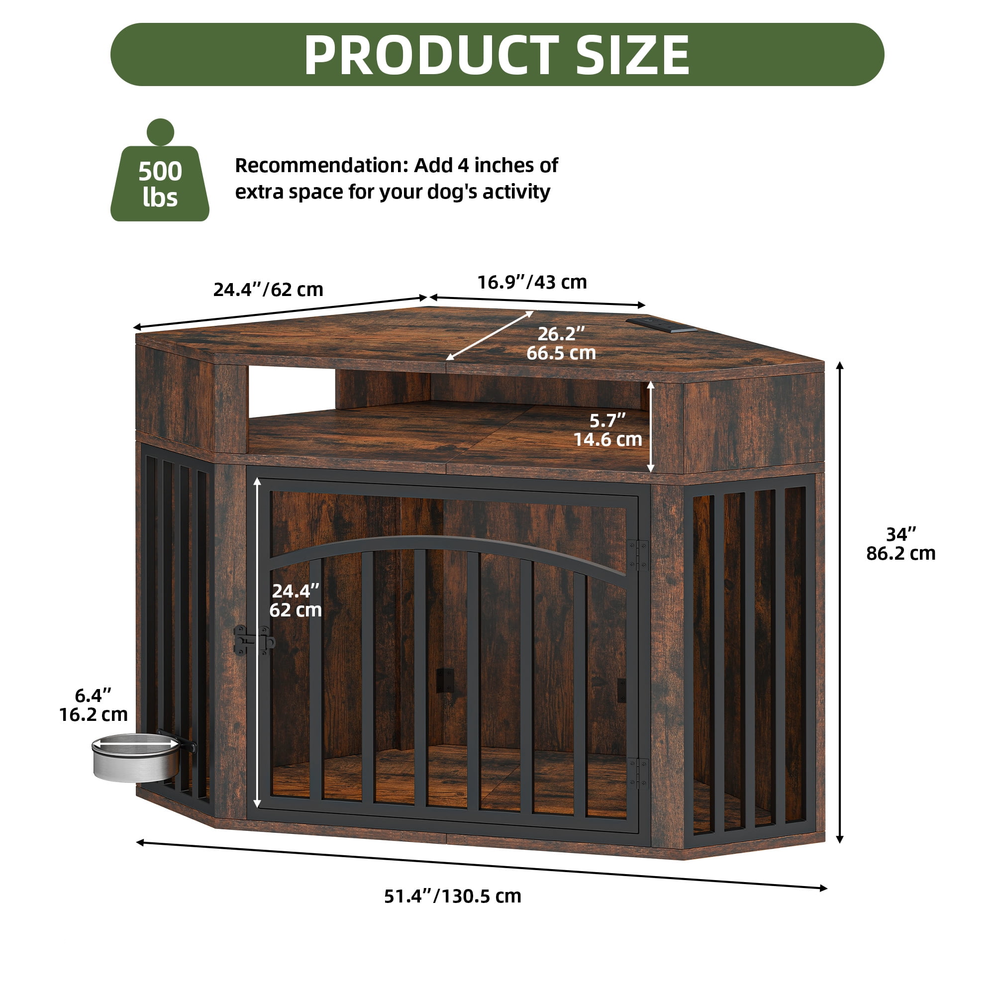 Uforic 52 Inch Rustic Brown Corner Dog Crate Furniture, Indoor Heavy Duty Kennel with LED Light, Power Outlets & 360° Bowl