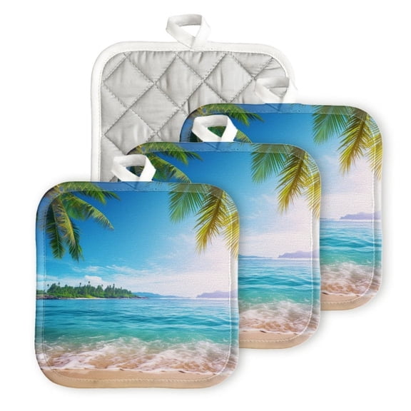 BaHomeck Pot Holders 4pcs dacron Made Square heat-resisting mat Machine Washable for Kitchen Oven Hot Pads 6.7inch*6.7inch,Beautiful Tropical Beach With Palm Trees And Blue Sea Water