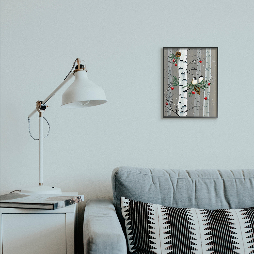 Stupell Indtries Birds and Holiday Ornaments Birch Tree Forest Black Framed by Grace Popp