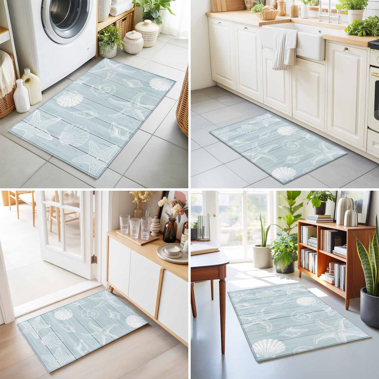 Entryway Rug 2'x3', Ocean Beach Kitchen Runner Rugs Non-Slip Carpet Mats, Summer Coastal Starfish Shell Conch Wooden Green Bedside Rugs Runners Washable Floor Carpet for Bathroom Laundry Room