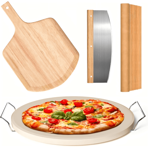 Yilush 5 PCS Round Pizza Stone Set, 13" Pizza Stone for Oven and Grill with Pizza Peel(OAK),Serving Rack, Pizza Cutter & 10pcs Cooking Paper for Free, Baking Stone for Pizza, Bread