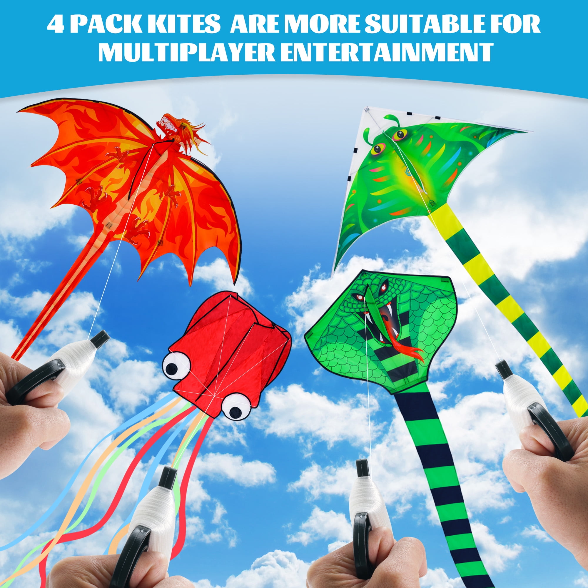 4 Pack Kites - Large Fire Dragon Kite Green Snake Kite Devil Fish Kite Red Mollusc Octopus with Long Colorful Tail for Kids Adults Outdoor Game Activities