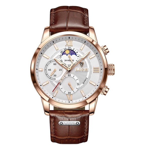Men Business Quartz Watch Chronograph Moon‑Phase Brown Leather Strap 30M Water Resistant