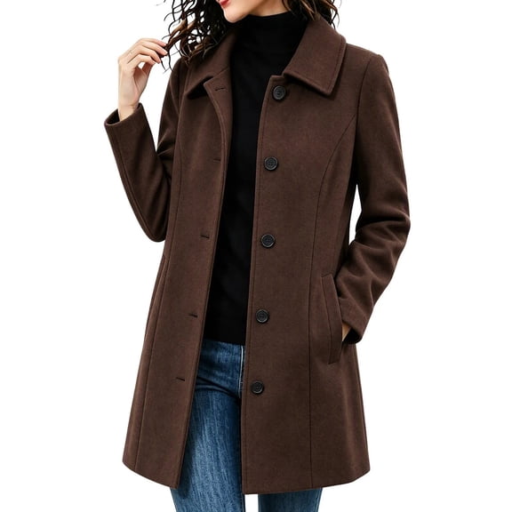 uublik Trench Coat Women Brown Casual Lapel Long Sleeved Button Down Pea Coat with Pockets