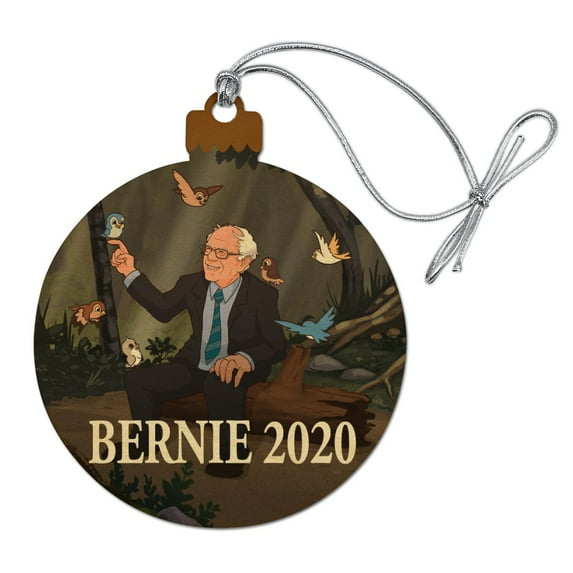 Bernie Sanders 2020 with Birds In A Forest Retro Cartoon Wood Christmas Tree Holiday Ornament