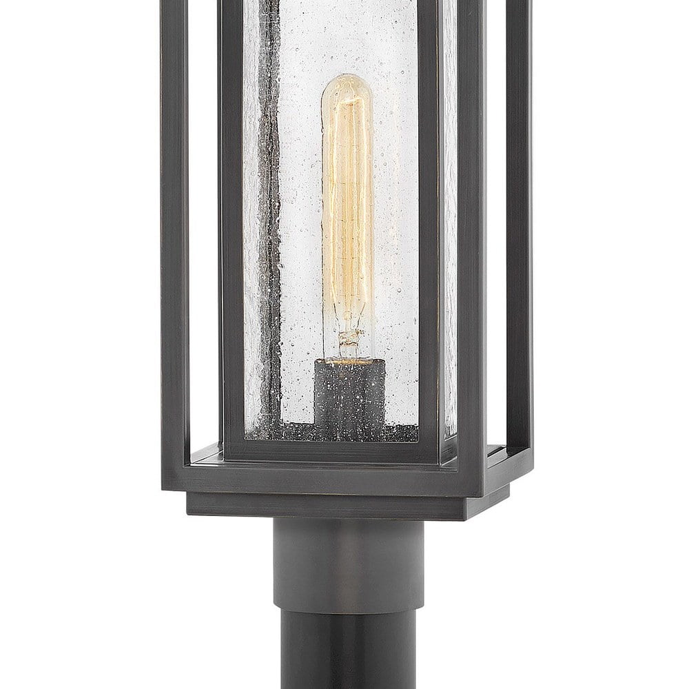Double Frame 1-Light Medium Outdoor Post or Pier Mount Lantern in Black with Clear Seedy Glass 7 inches W X 17 inches H-Black Finish-E26 Medium Lamp