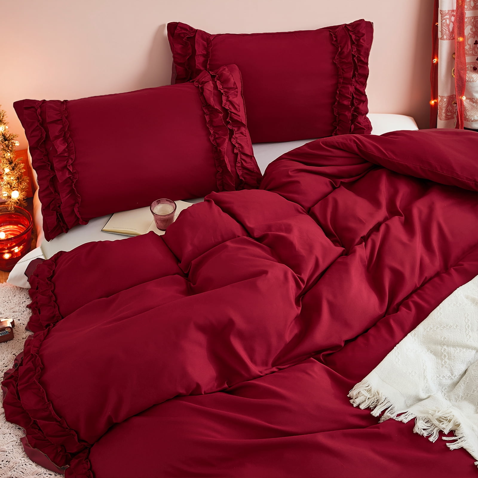 White Ruffle Duvet Cover Set Queen Size Shabby Chic Bedding Set Ruffled Farmhouse Pure White Comforter Cover Boho Duvet Cover Set