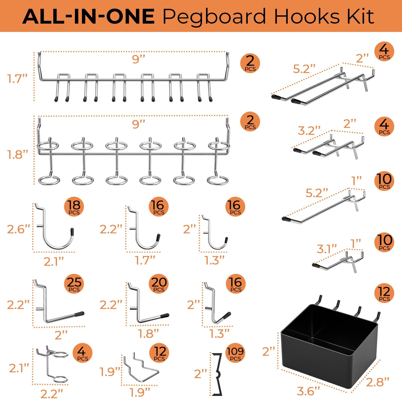 278pcs Pegboard Accessories Organizer Kit  Peg Board Hooks Assortment With Bins For Organizing Various Tools Fit 1/8 Or 1/4 Inch Hanging Storage Garage Wall Attachments