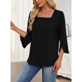 thumbnail image 4 of 3/4 Sleeve Tops for Women Casual Shirt Pleated Square Neck Tunic Blouse Dressy Split sleeve Loose T Shirts(Black M), 4 of 6