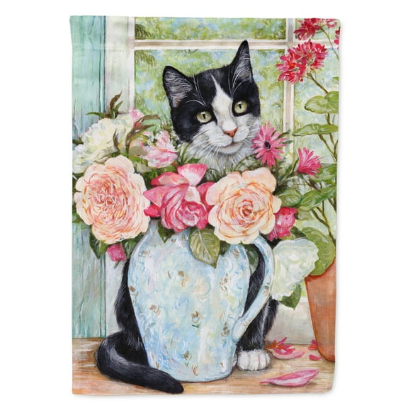 Carolines Treasures CDCO0176CHF Black and White Rose Cat Flag Canvas House Size  Large multicolor
