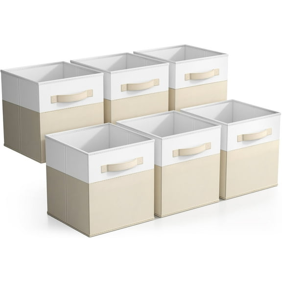 Sorbus 6-Pack Foldable Storage Bins – 11" Fabric Organizer Cubes for Closet, Shelves & Cubbies, Beige/White
