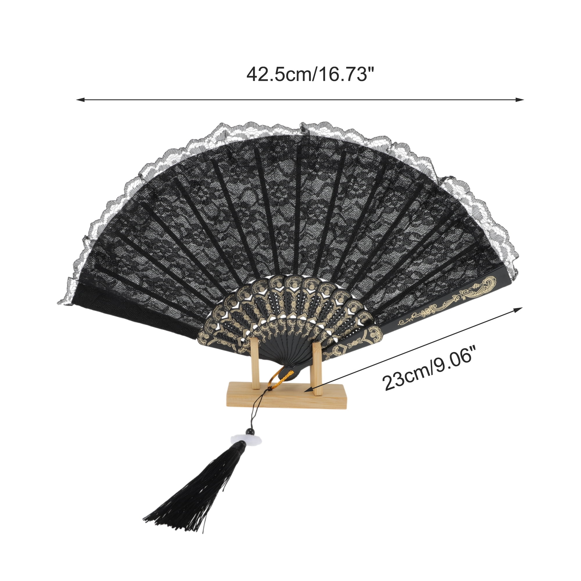 Unique Bargains Lace Trim Orchid with Tassel Folding Fan 1 Pc Black