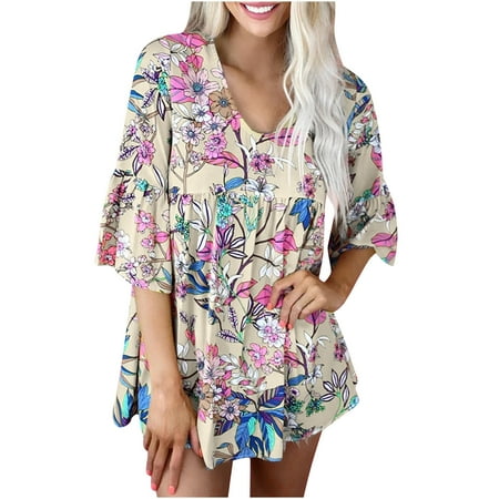 

Womens Blouses and Tops Dressy Fashion Casual Printing Crew Neck Loose Short Sleeve T-shirt Pullover Tops Khaki L