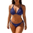 thumbnail image 2 of 2 Piece Swimsuit for Women, Two Piece Swimsuit for Women, Full Coverage Bikini, Women's Shiny Triangle Bikini Set Sequin Halter String Backless Tie Side Two Piece Swimsuit Bathing Suit, Dark Purple S, 2 of 5